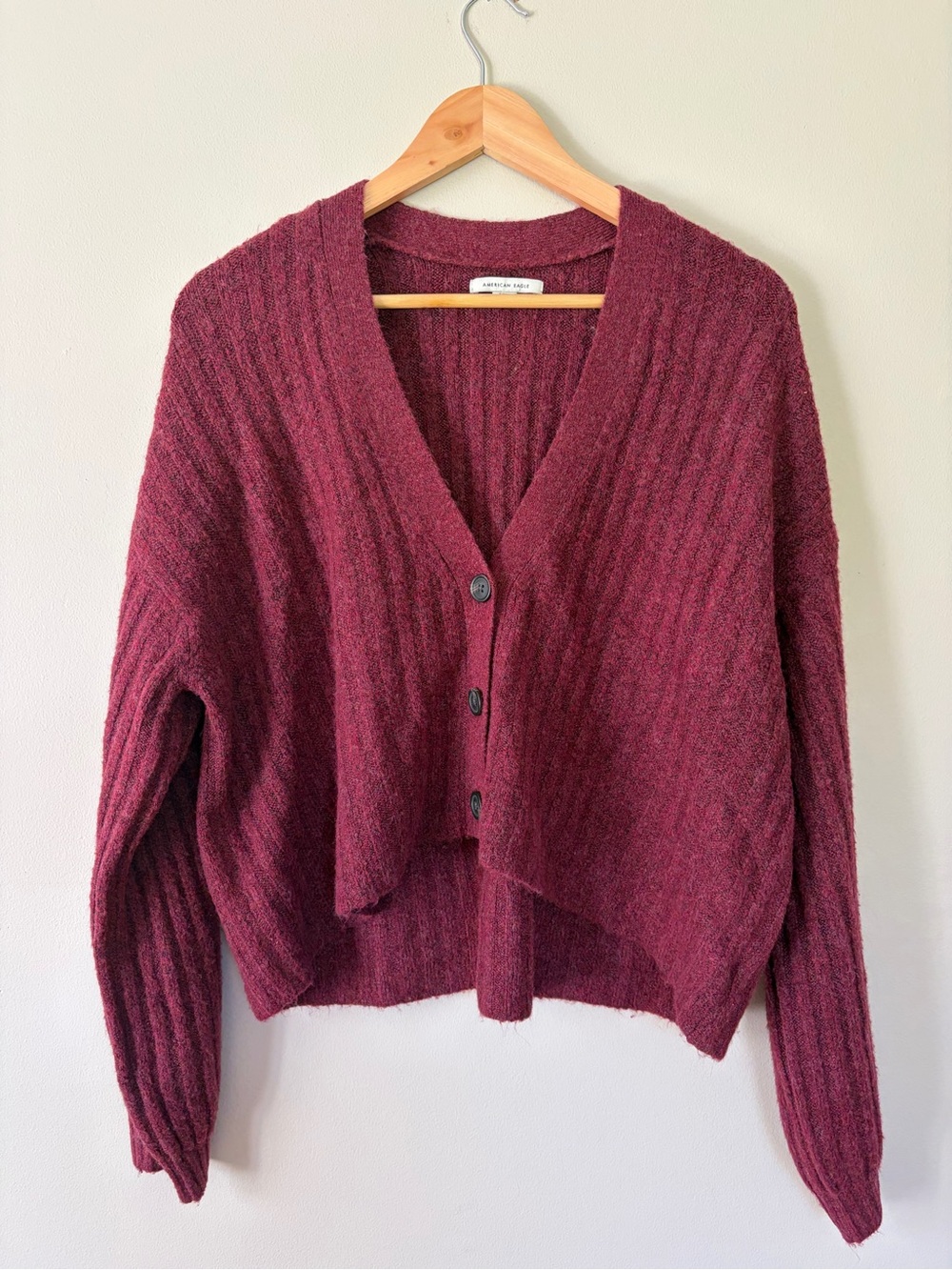 American Eagle Cozy Ribbed V-Neck Cardigan Sweater in Burgundy